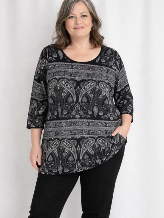 Bela Dona Tops - Black and White Paisley Blouse